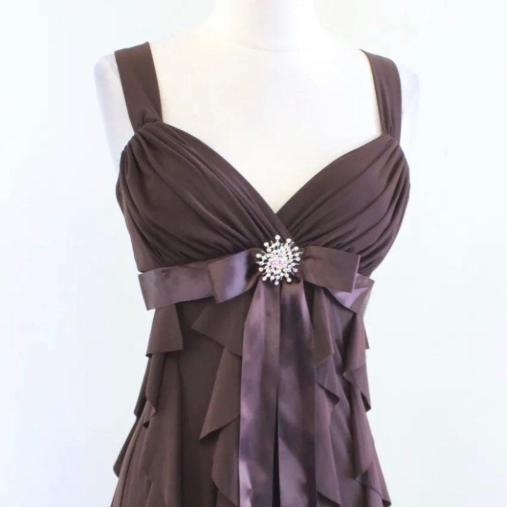 Cache Brown V Neck Ruffle Embellished Cocktail Party Dress Size 6 Sleeveless
